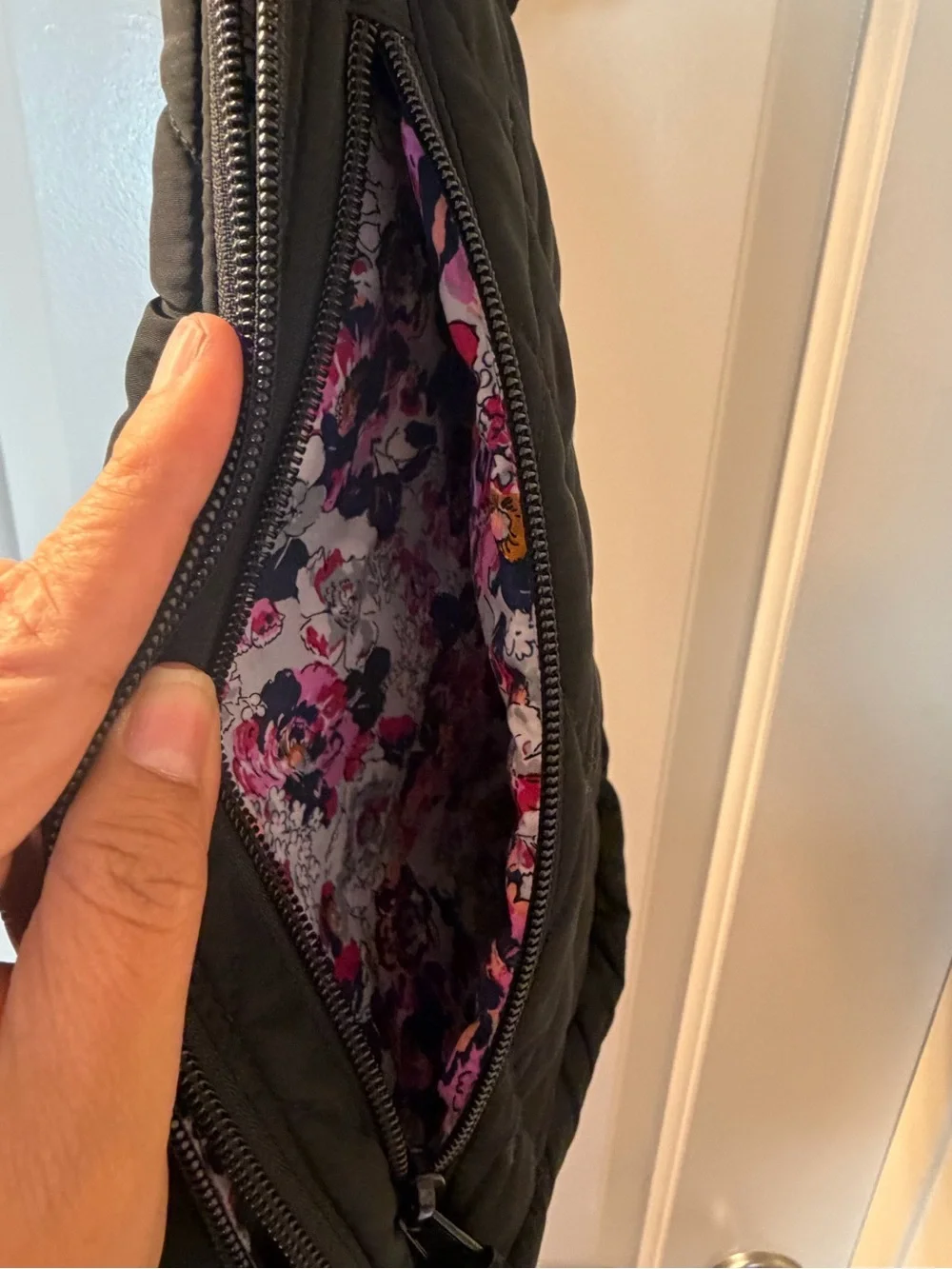 Vera Bradley Black Quilted Crossbody Sling with Floral Accent